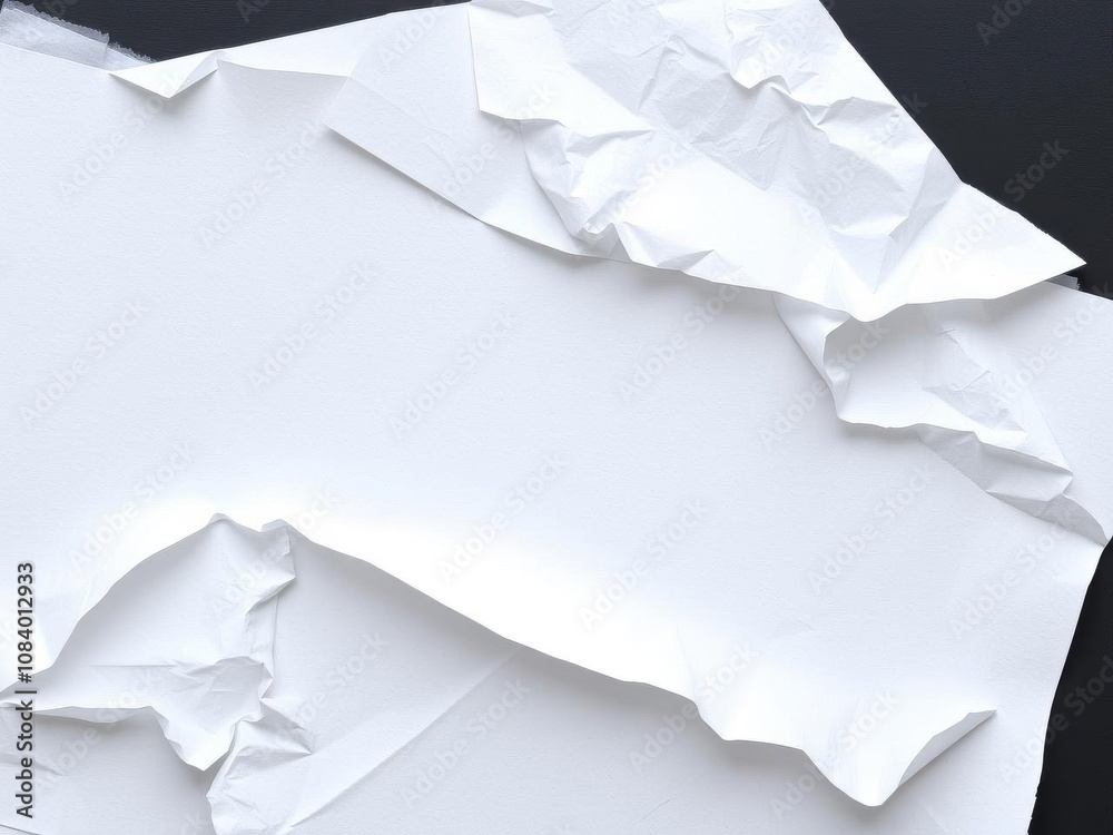 Obraz premium White crumpled and creased paper posters arranged creatively on black backdrop, paper, blank, crumpled