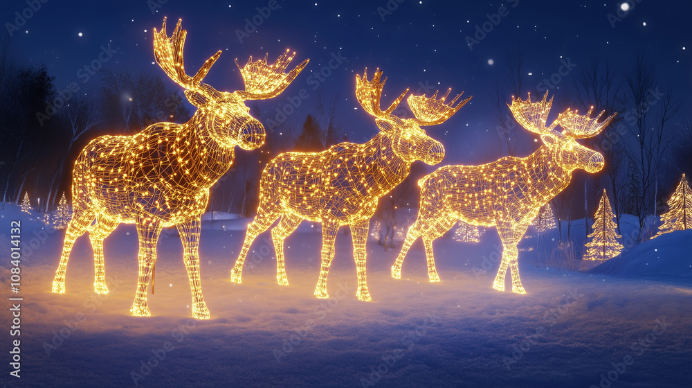 Fototapeta premium Three light moose structures on a snowy meadow in a winter night