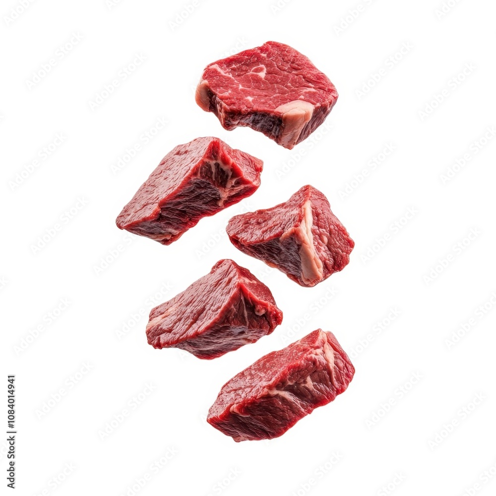 Obraz premium Fresh cuts of red meat arranged in a vertical formation, highlighting their rich color and texture, ideal for culinary presentations.