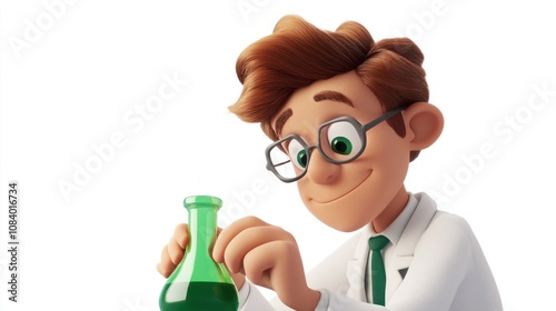 A young scientist examines a green liquid in a laboratory flask, showcasing curiosity and experimentation. photo