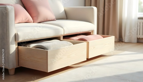 Creative sofa storage, under sofa drawers with blankets in a living room