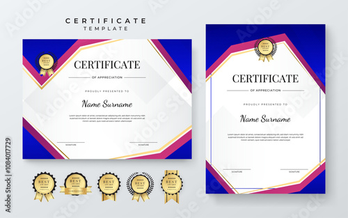 Modern Geometric Certificate Template With Award Badges. Professional Certificate Template Featuring Modern Geometric Design With Abstract Shapes