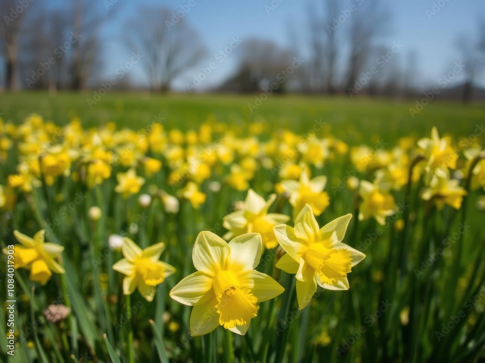 Fototapeta premium Vibrant yellow daffodil flowers blooming in a vast field under the clear blue sky, meadow, yellow