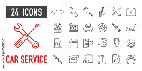 24 car service icons, including tools, car parts, and maintenance equipment. Clean, minimal line art style, isolated on a white background.