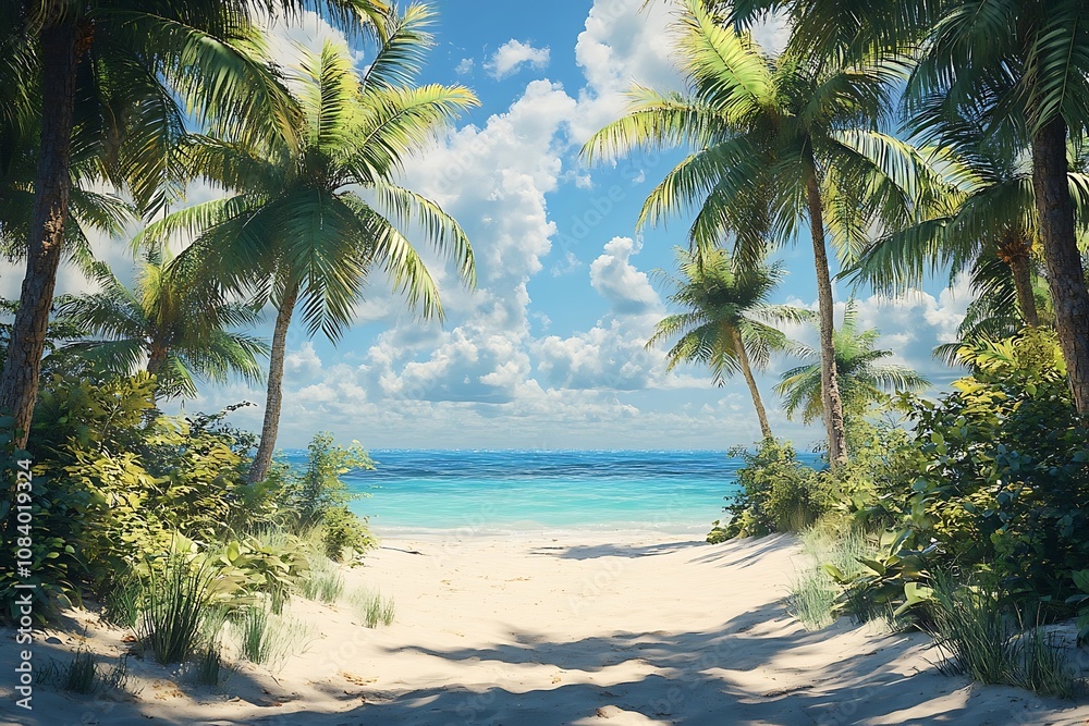 Obraz premium Palm Tree Pathway to Tranquil Beach Escape