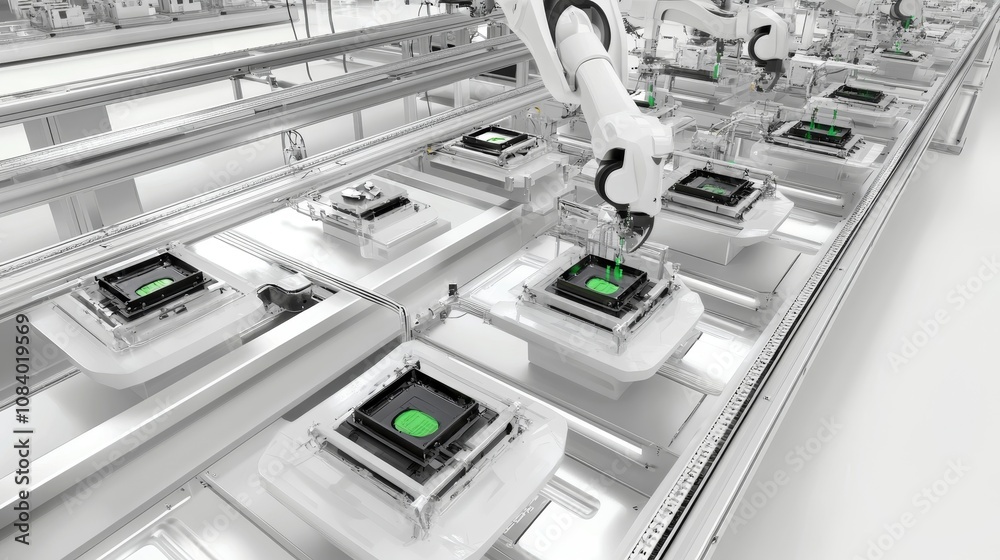 Fototapeta premium Automation process in manufacturing robotics factory technology industrial environment aerial view advanced robotics concepts