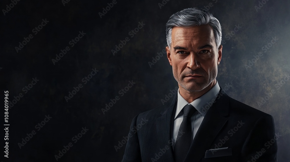 Obraz premium A man in a suit and tie is standing in front of a dark background