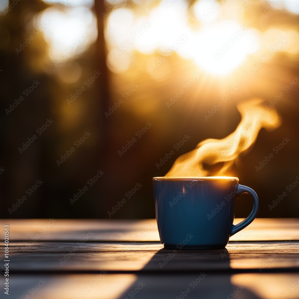 Obraz premium steaming cup of coffee on a wooden table with a warm sunrise background