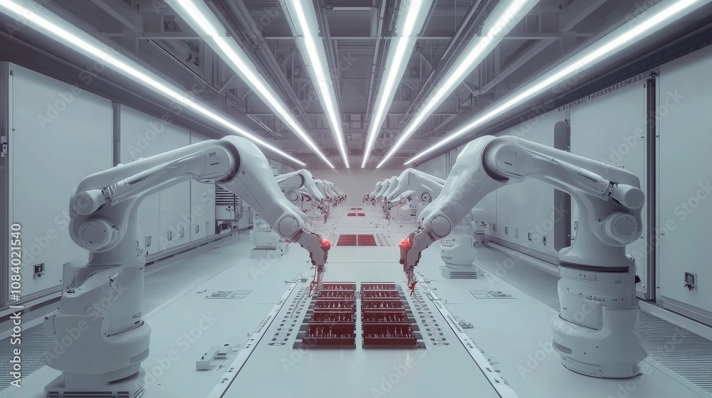 Obraz premium Automated robotics in manufacturing high-tech facility industrial process clean environment overhead view innovative automation