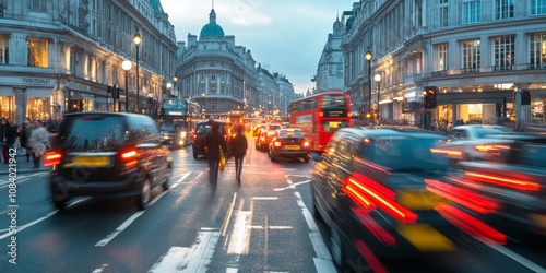 A bustling city scene with blurred cars and pedestrians. The lively streets showcase urban energy and movement. Perfect for travel and city life themes. AI photo