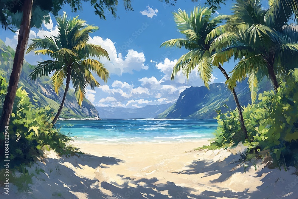 Obraz premium Hidden Tropical Cove with Serene Ocean and Palm Trees