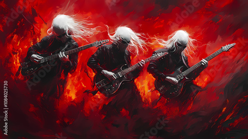 Three ghostly figures with white hair and masks playing guitars in a fiery, intense red-hued atmosphere. Haunting. Illustration photo