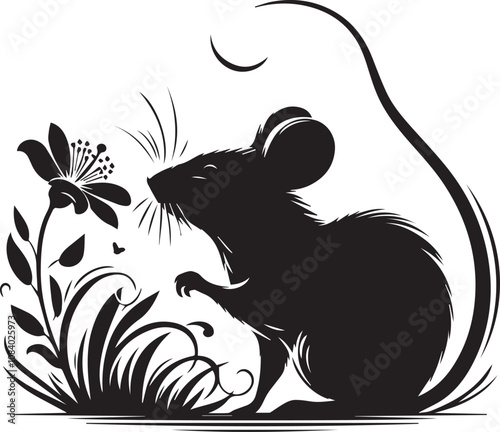 Silhouette of a mouse with long whiskers sniffing at a flower