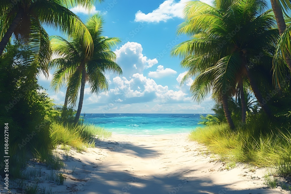 Obraz premium Palm Tree Lined Sandy Path to Tropical Beach Escape