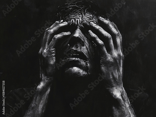 Black-and-White Illustration of a Person in Fear and Despair, Capturing Intense Emotional Expression and Psychological Depth photo