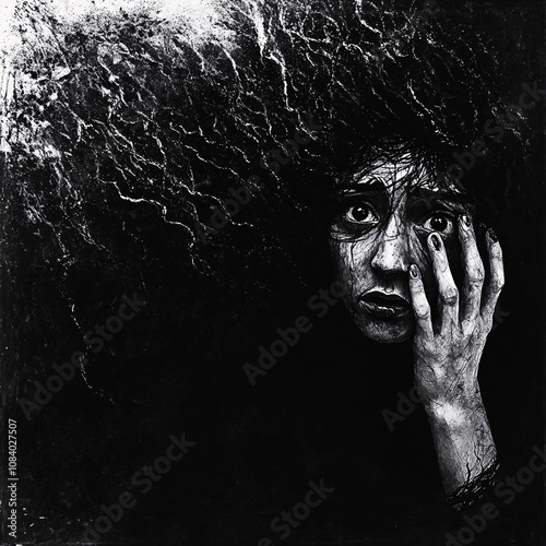 Black-and-White Illustration of a Person in Fear and Despair, Capturing Intense Emotional Expression and Psychological Depth photo