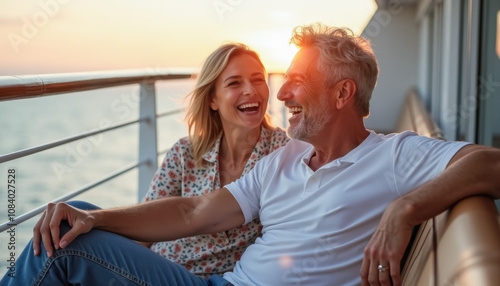 Happy couple enjoying sunset on luxury cruise ship deck