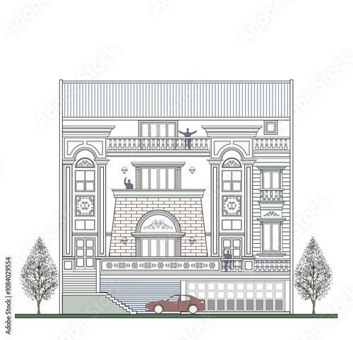 Facade of 4 storeys asymmetrical modern classic house with 3 doors, 10 windows, balustrade, frame, 4 columns, decoration, canopy, crowns, balcony, roof and trapezoidal wall element.