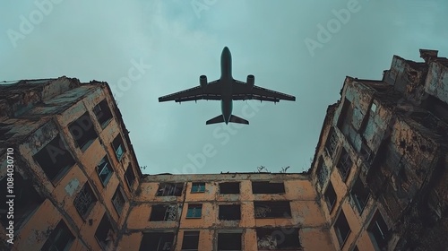 A plane passing over a structureA plane passing over a structure photo