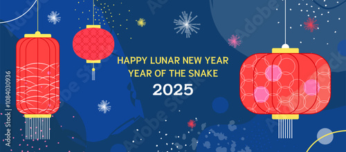 2025 Lunar New Year Banner. Year of the Snake Celebration Design with Red Lanterns, Fireworks, and Traditional Chinese Decorations on Blue Background