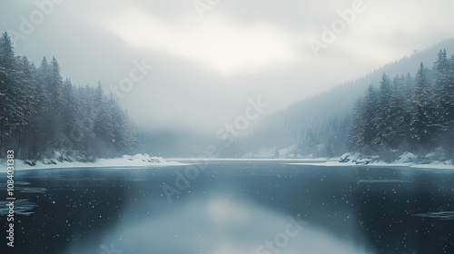 Frozen lake with heavy snowfall and low visibility in a blizzard, capturing the harsh and haunting beauty of winter in extreme conditions, symbolizing peace and isolation. Haunting. Illustration photo