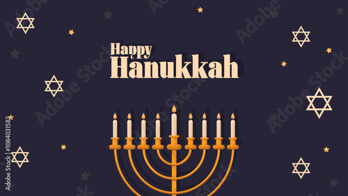 Happy Hanukkah Jewish Holiday Social Media Post Template.Hanukkah on burgundy horizontal background with holiday candles and David stars.Design for Jewish Festival of light. Place for your text.