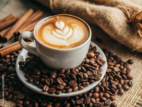 Hot coffee in the cup with coffee beans on wooden background