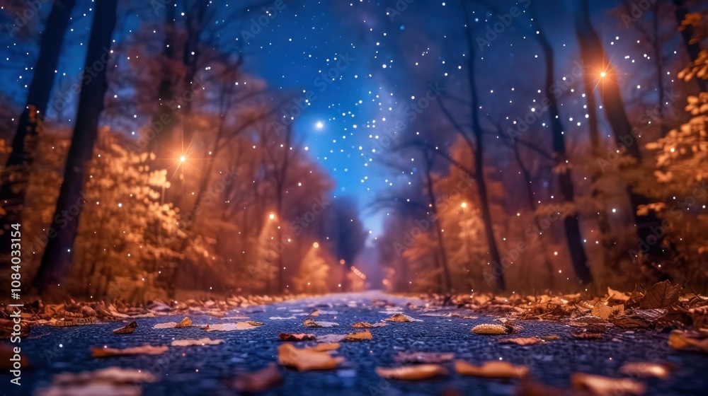 Fototapeta premium Magical autumn night, park path.