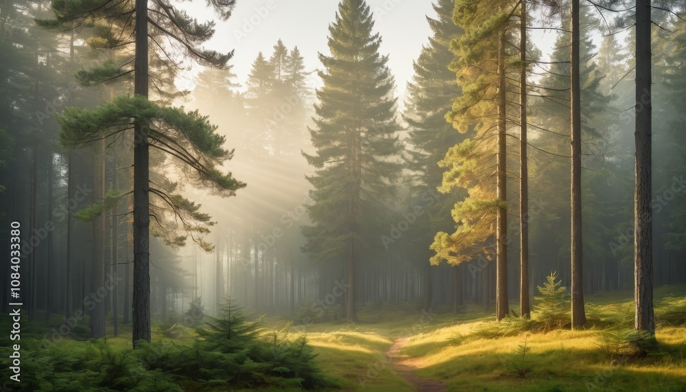 Obraz premium A tranquil forest scene with tall pine trees partially covering the morning mist, soft sunlight filtering through the trees. It creates a tranquil and magical atmosphere.