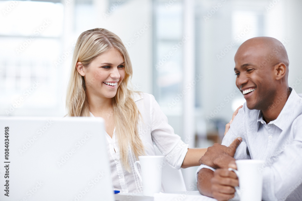 Obraz premium Business, people and happy at office with laptop for creative ideas, strategy and planning as web designer. Diversity, employees and meeting with smile on discussion for project deadline and teamwork