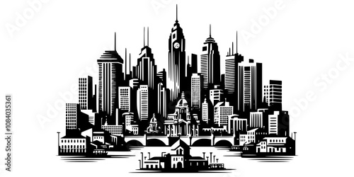 A cityscape silhouette of a bustling metropolis with a mix of old and new architecture