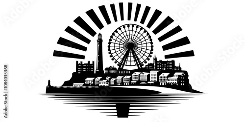 A cityscape silhouette of a seaside town with a ferris wheel, small houses, and a lighthouse