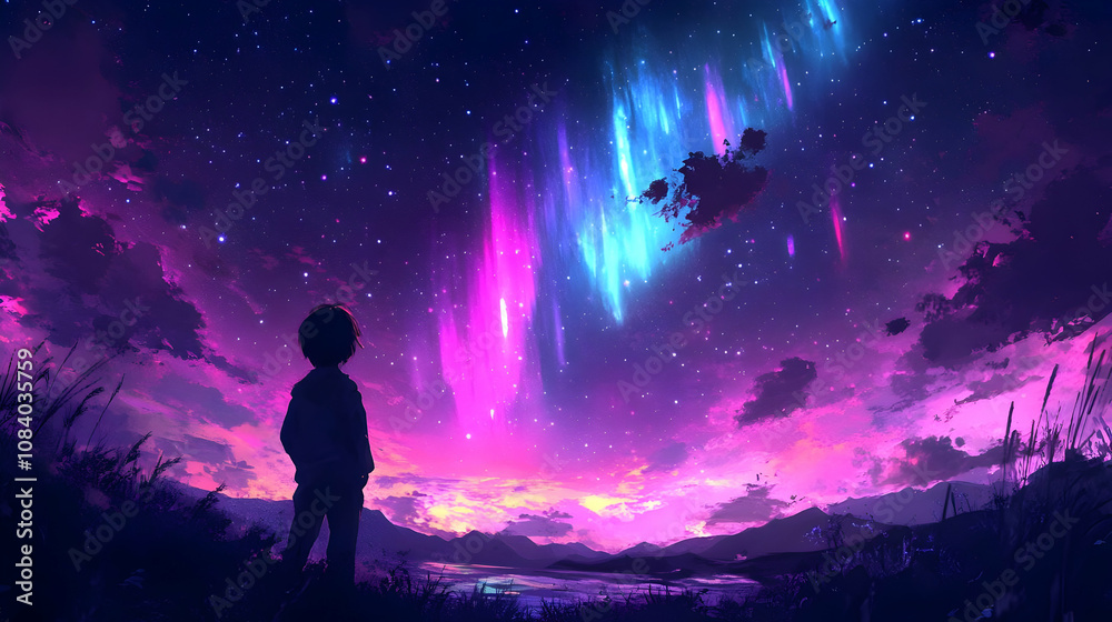 Naklejka premium Night Sky Illustration: Starry Landscape with Aurora