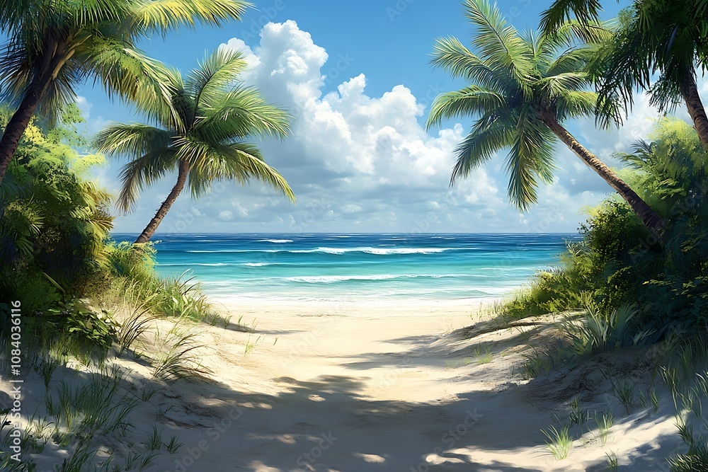 Obraz premium Palm Trees Frame Secluded Beach Pathway to Ocean