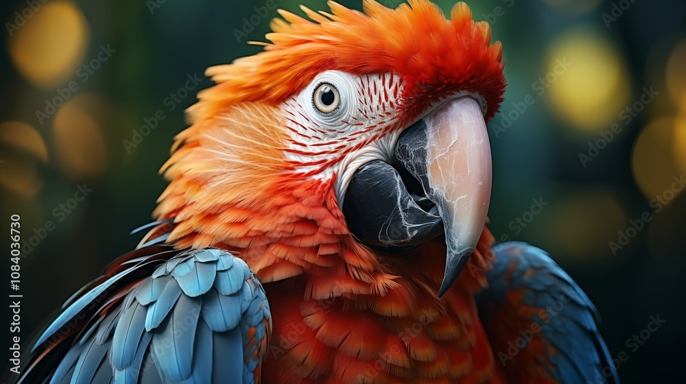 Fototapeta premium Colorful portrait of Amazon red macaw parrot against jungle. Side view of wild ara parrot head on green background. Wildlife and rainforest exotic tropical birds