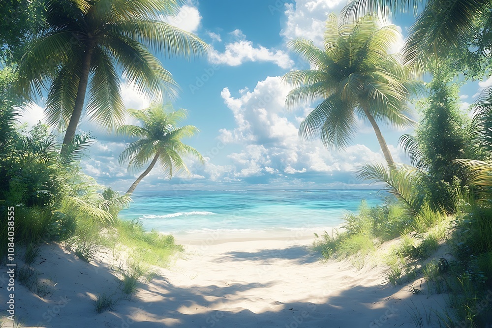 Obraz premium Palm Trees Frame Tropical Beach Path to Shore