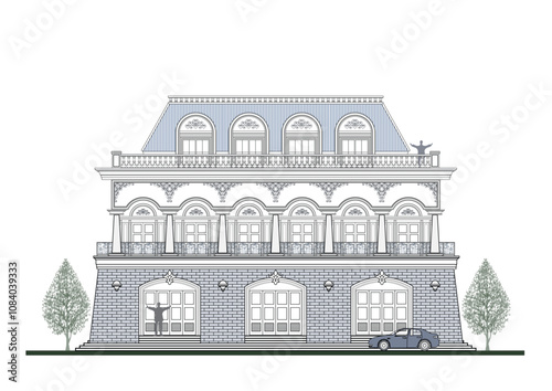 Facade of 3 storeys symmetrical modern classic building with 9 doors, 4 windows, balustrade, frame, 7 columns, decoration, canopy, crowns, balcony, roof and trapezoidal wall element.