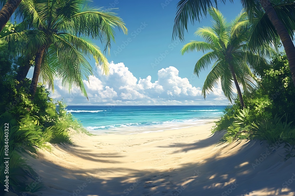 Obraz premium Palm Trees Framing Golden Sand Beach Path to Ocean Horizon