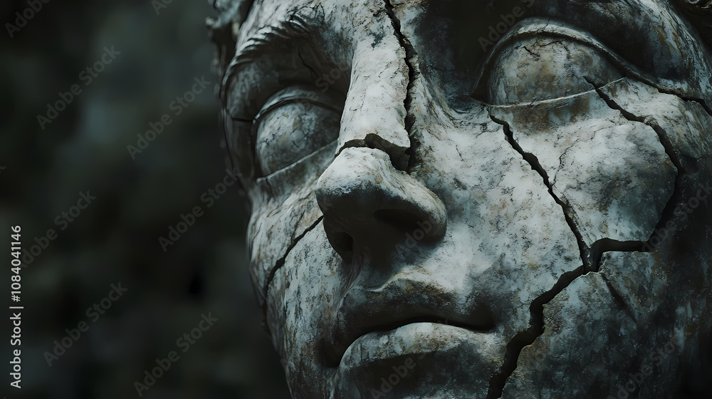 Ancient statue with cracked stone face and haunting expression ...