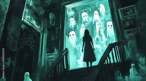 Dive into a haunting adventure with a stylish woman exploring a spooky mansion filled with ghostly apparitions. Haunting. Illustration photo