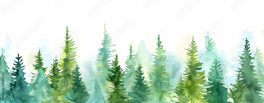 Obraz premium A watercolor forest of evergreen trees in soft greens and blues