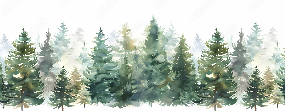 Obraz premium A simple watercolor illustration of a forest with pine trees in the background