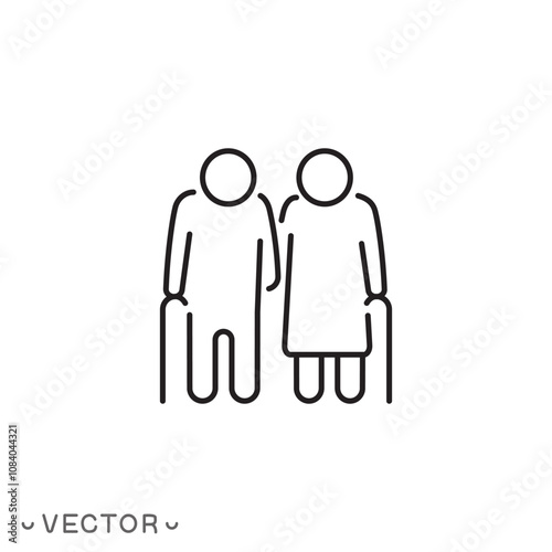 elderly man and woman icon, pension family, grandparents, grandfather and grandmother, couple old people, thin line symbol isolated on white background, editable stroke eps 10 vector illustration
