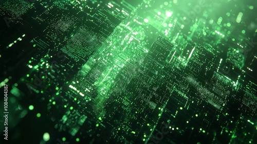 A captivating image of a green digital matrix, depicting a virtual network of lights and intricate patterns, symbolizing connectivity and the age of technology. photo