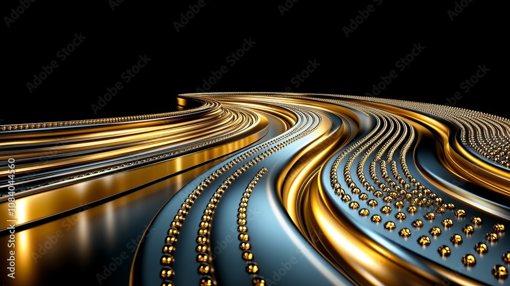 Fototapeta premium Abstract Golden and Silver Wavy Lines with Gold Spheres on Black Background