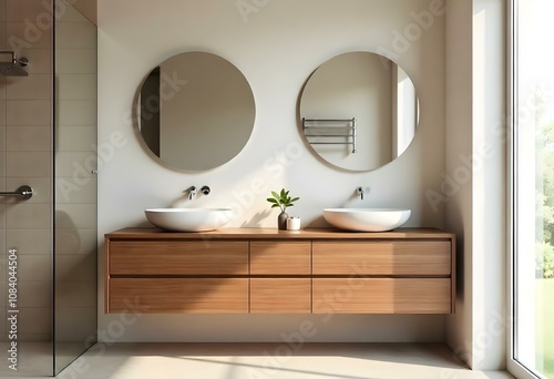 A modern bathroom with a wooden vanity, two round mirrors, and a white sink. The background features a tiled wall and floor.