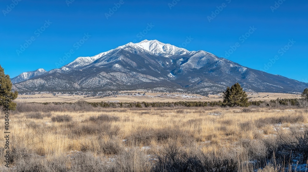 Obraz premium Majestic Mountain Landscape with Snow-Capped Peaks Beneath Clear Blue Sky and Golden Grassy Field in the Foreground Capturing Nature's Beauty and Serenity