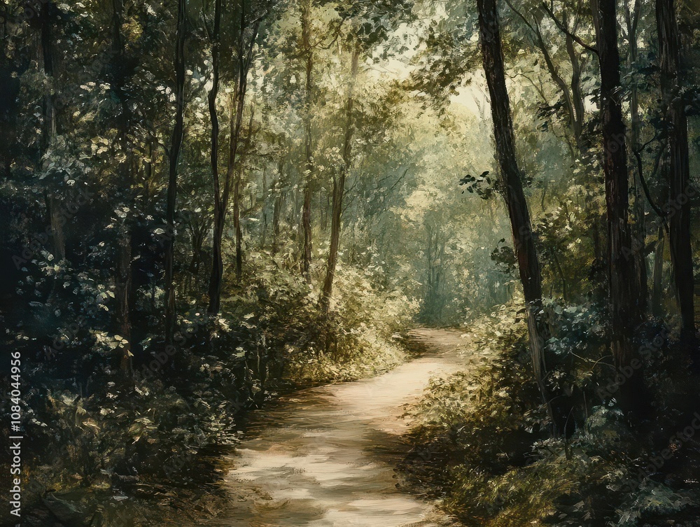 Fototapeta premium a serene fork in a sunlit forest path, symbolizing a pivotal decision, with sunlight filtering through lush trees creating a tranquil atmosphere. rich greens and soft earth tones enhance the mood