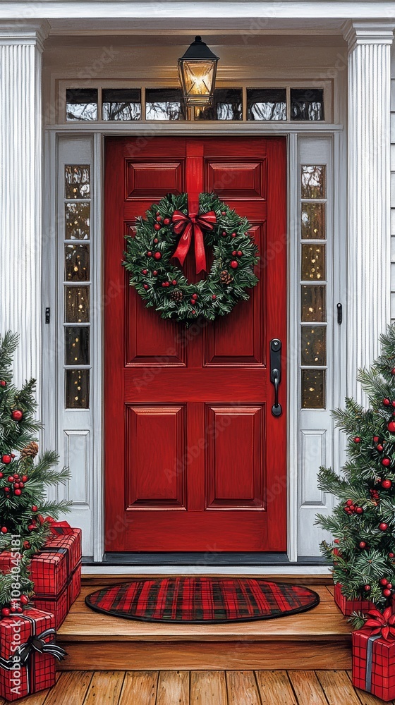 Fototapeta premium A red front door with a wreath and presents on the porch