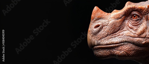 A close up of a triceratops head on a black background